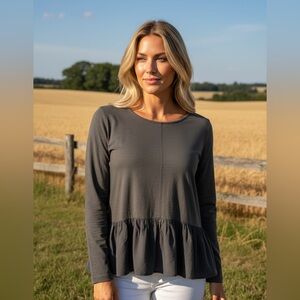 Nectar Clothing Peplum Top Shirt M Gray Long Sleeve Ruffle Hem Boho Casual